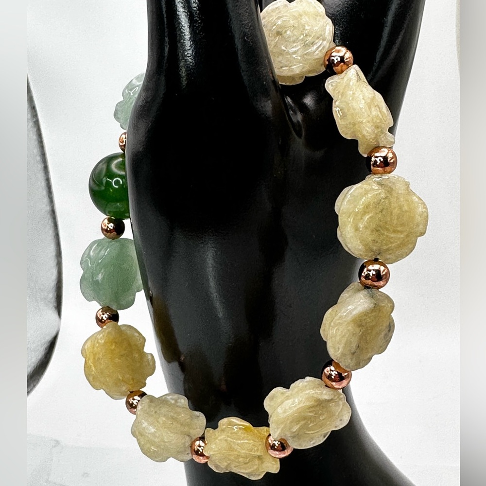 YELLOW JADE + AVENTURINE NATURAL STONES BRACELET 7.5” - Picture 3 of 11